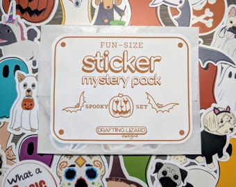 Spooky Set mystery sticker bundle of 10 featuring hand-drawn halloween themes including dogs, beer and food