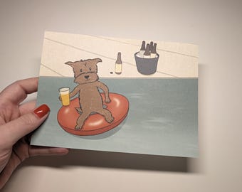 Perro bebiendo cerveza en la piscina: lámina artística de paisaje sin marco