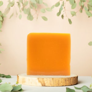 May include: A bright orange bar of soap sits on a wooden slice. The soap is on a white surface with green leaves in the background.