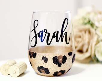 Personalized Leopard print, Glitter stemless wine glass, valentines,  Best Friend gift, Bridesmaid wine glass , Cheetah Tumbler, Cheetah,