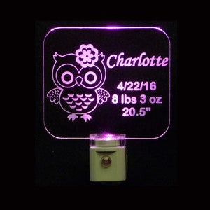 Owl Gift, Owl Decor, Personalized Night Light, Birth Announcement, Nursery decor, baby keepsake, Newborn gift,  Gift for her