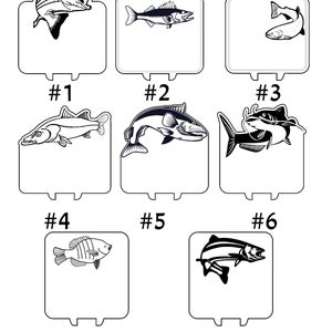 Pode incluir: Desenhos a preto e branco de oito esp&eacute;cies diferentes de peixes, cada um em uma moldura quadrada separada com um n&uacute;mero por baixo. Todos os peixes est&atilde;o virados para a direita.
