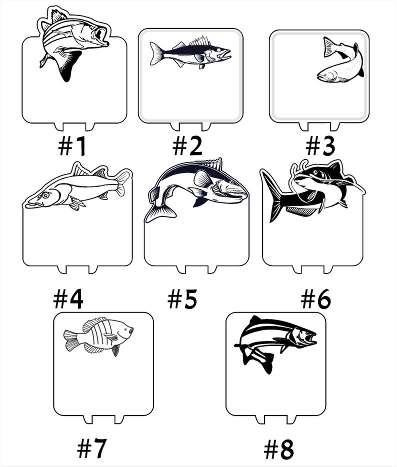 Pode incluir: Desenhos a preto e branco de oito esp&eacute;cies diferentes de peixes, cada um em uma moldura quadrada separada com um n&uacute;mero por baixo. Todos os peixes est&atilde;o virados para a direita.