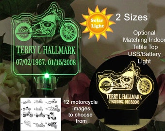 Grave Marker, Sympathy Gift, Garden Light, Personalized Motorcycle Solar Light Outdoor, Memorial Plaque, Loss of Love one - 2 Sizes