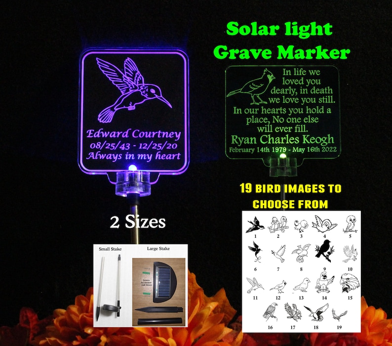 Personalized Hummingbird Solar Light Garden light, Memorial Plaque, sympathy gift, Memorial marker, Bird Grave marker, laser engraved zdjęcie 1