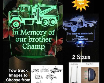 Personalized Tow Truck Grave Marker Solar Light, Sympathy Gift, Memorial Plaque, Garden Light, Funeral gift, laser engraved, Laser etched