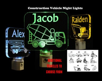 Personalized Construction Truck Night Light: Engraved Nursery Decor