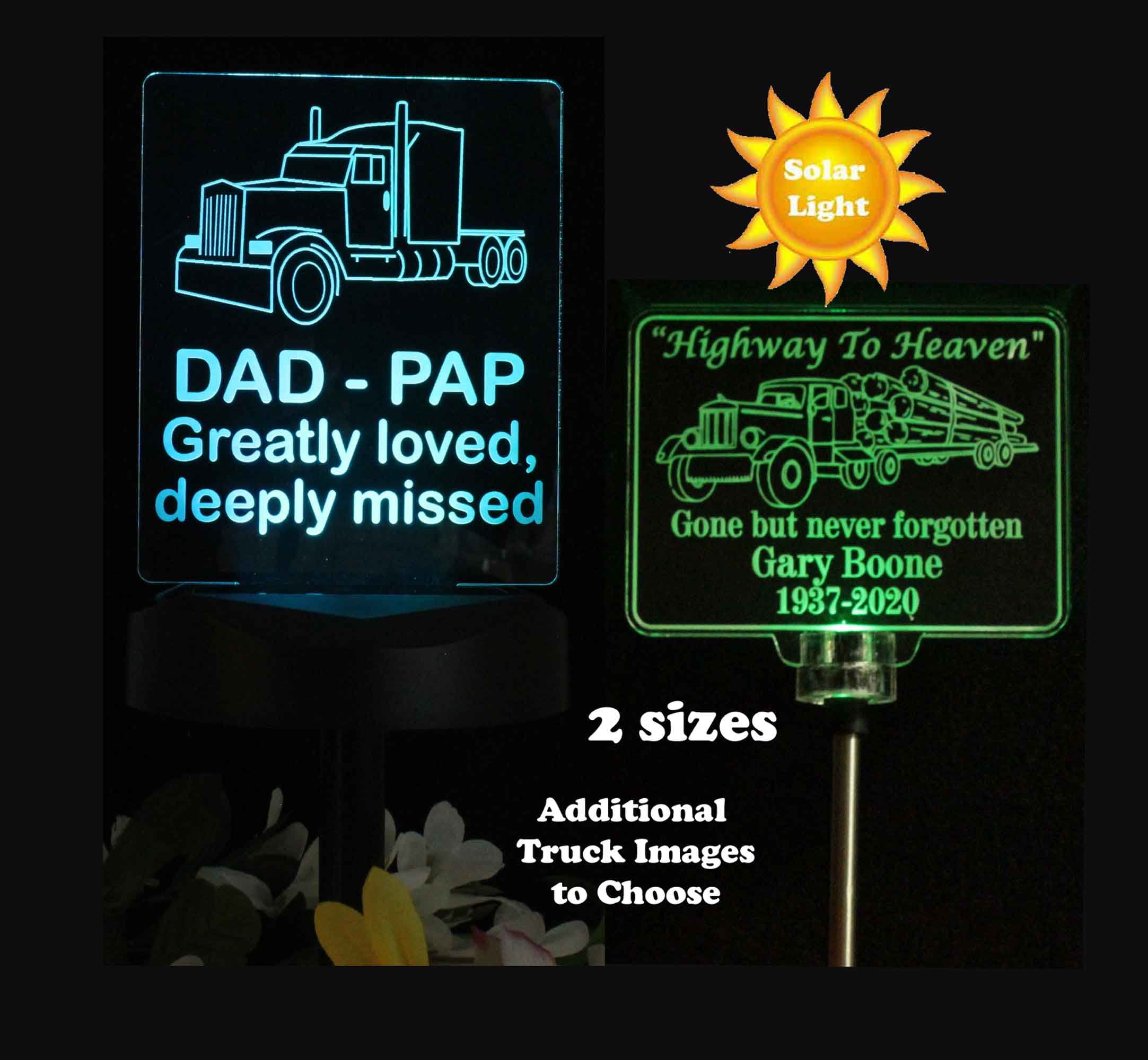 Personalized Semi Truck Solar Light, Logging Truck Grave Marker, Outdoor Memorial Gift, Garden Light. Loss of Dad, Laser Engraved