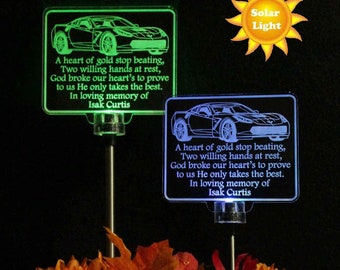 Personalized Sympathy Gift with Car image, Grave Marker Solar Light, Memorial Plaque, Garden Light 2 Sizes