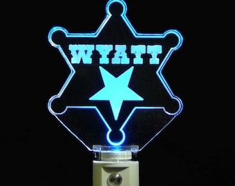Kids Personalized Night Light - Choose Sheriff, Police, Fireman Badge - LED Bedroom Lamp - Baby Boy Gift