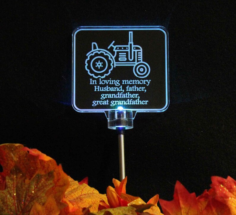 Personalized Grave Marker Memorial Plaque Garden Light tractor Solar