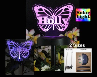 Beautiful Butterfly Solar Light grave marker. Use for garden light, outdoor memorial Plaque, Sympathy Gift. Laser engraved outdoor sign