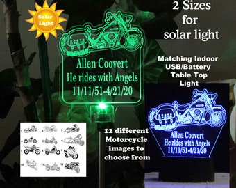 Personalized Motorcycle Solar Light, Lighted Engraved Grave Marker, Memorial gift, Garden Light, gift for funeral, Loss of loved one