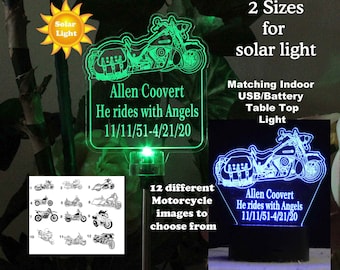 Personalized Motorcycle Solar Light, Lighted Engraved Grave Marker, Memorial gift, Garden Light, gift for funeral, Loss of loved one