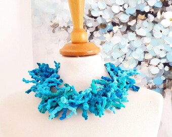 Coral Shape Necklace Turquoise Blue Necklace Azure Aqua Fabric Textile Yarn Tassel Necklace Summer Jewelry Coral Unique Art Siren Jewelry