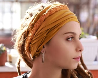 Yellow Mustard Head Scarf & Braided Headband Set Turban Stretchy Cotton Headband Jersey Scarf Wide Scrunch headwrap Yoga Headband Headpiece