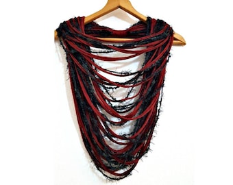 Burgundy Black Fabric Necklace Statement Woodland Loop Infinity Scarf Necklace Boho Hippie Yarn Scarves Fibre textile Necklace Neck wraps