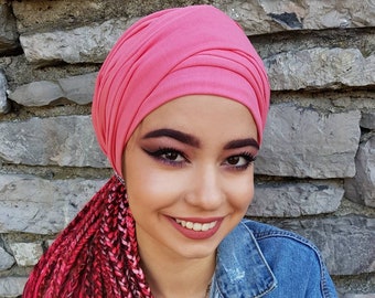 Koralle rot Turban Stirnband Yoga Kopftuch Boho Kopftuch Kopf tuch Wickeln Turban Stirnband für Frauen Extra breit Stirnband Pfirsich Kopftuch