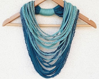 Shades of Teal Textille Scarf Necklace Fiber Necklace Tribal Festival Costume Jewelry Infinity Scarves Infinity Cowl Unique scarf