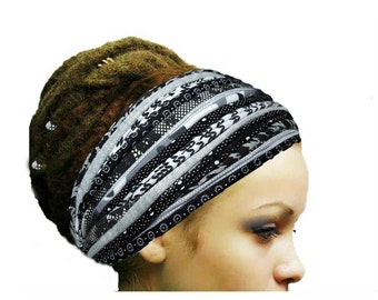 Dreadlock Accessoires Schwarz Weiß Grau Stirnband Kopftuch Mode Stirnband Schutz Frisur Boho Gypsy Stirnband Yoga Hippie Kopfschmuck