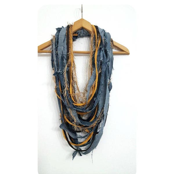 Mustard Denim Scarf Necklace Fabric Jewelry Textile Mustard & Denim Necklace Mustard Scarf Reused Recycled Jeans Fiber Necklace Summer Scarf