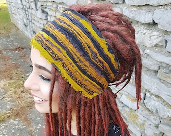 Senf Schwarzes Stirnband Earth Head Scarf Head wrap Boho Hippie Stirnband Dreadlock Accessoires Dreadlocks Headwear Gypsy Kleidung Obi Gürtel