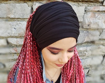 Schwarzer Kopftuch, schwarzer Turban, Jersey Stirnband, Jersey Schal, Kopf wickeln, breite schwarze Scrunch Kopftuch, Baumwolle Kopftuch, YOGA Stirnband