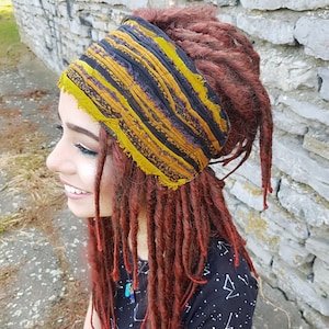 Mosterdzwarte hoofdband, aardkleurige hoofddoek, boho hippie hoofdband, dreadlock accessoires, dreadlocks hoofddeksel, zigeunerkleding, obi riem