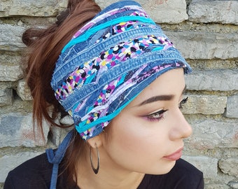Upcycled Denim Stirnband Türkis Pink Stirnband Dreadlock Leiter wraps Tribal Kopfschmuck einzigartige Dreadlock Zubehör Gypsy Kleidung Obigürtel