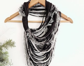 Black&White Gray Textille Scarf Necklace Fiber Necklace Tribal Festival Costume Jewelry Infinity Scarves Coacella Burning Man Infinity Cowl