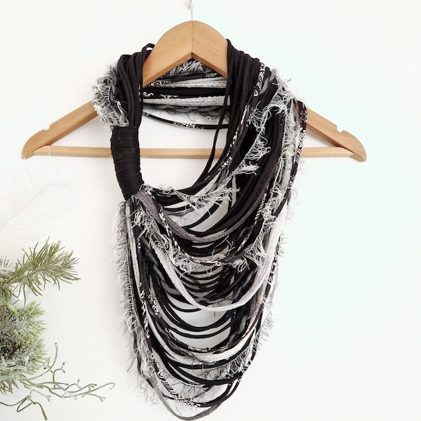 Black&White Gray Textille Scarf Necklace Fiber Necklace Tribal Festival Costume Jewelry Infinity Scarves Coacella Burning Man Infinity Cowl