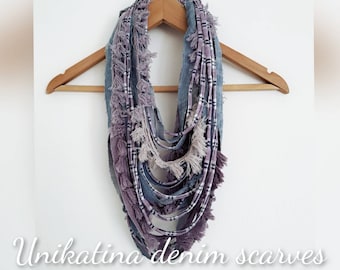 Vaqueros viejos Vaqueros deshilachados Bufanda de mezclilla Collar Tela Joyería Textil Declaración Mezclilla Lavanda Collar grueso Bufanda Envoltura Bufandas de festival