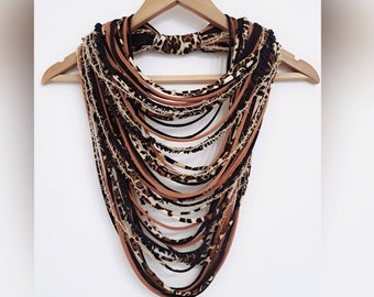 Woodland animal print necklace Statement Infinity Scarf Necklace Boho Tribal Burning man Necklace Handmade Unique Earthy tones Scarf