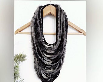 Black Gray Textille Scarf Necklace Fabric Necklace Tribal Festival Outfit Costume Jewelry Infinity Scarf Coacella Burning Man Infinity Cowl