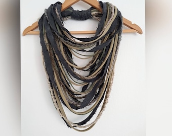 Black Denim Sage Olive Green Scarf Necklace Fabric Jewelry Textile Necklace Reused Recycled Jeans Fiber Necklace Festival outfit