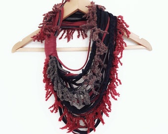 Chunky Scarf Necklace Fiber Necklace Tribal Festival Costume Jewelry Infinity Scarf Coacella Burning Man Infinity Cowl Dark Red Gray Black