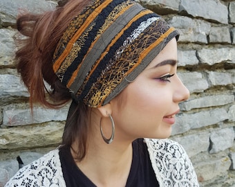 Earth Headband Black Brown Head Scarf Head wraps Bohemian Hippie Headband  Dreadlock accessories Dreadlocks Headwear Gypsy Clothing Obi Belt