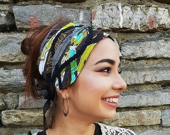 Lindgrün Schwarz Stirnband Multicolor Haarreif Dreadlock Accessoires OOAK Kopfwickel Boho Stye Headwear Gypsy Hippie Kleidung Obi Gürtel