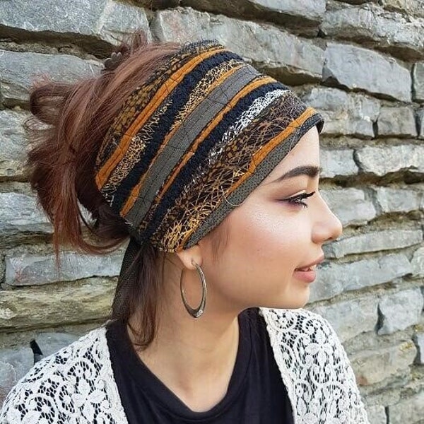 Earth Headband Black Brown Head Scarf Head wraps Bohemian Hippie Headband Dreadlock accessories Dreadlocks Headwear Gypsy Clothing Obi Belt