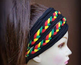 Drealocks Bandeau Rasta Rayures Jamaïque Écharpe Collier Hippie Bandeau Rasta Chapeau Jamaïque Drapeau Bandeau Dreadband Tube Rasta