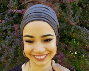 Solid Gray Headband  Scrunch Head Scarf Smoke Gray Medium Gray Tie Back Wide Head Scarf Boho Bandana Womans Headbands Dreadlock Accessories