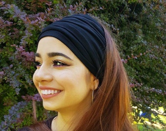 Fasce per la testa da donna, sciarpa turbante, fascia in jersey, sciarpa in jersey, sciarpe e stole, turbante nero, sciarpa lunga nera arricciata, cotone