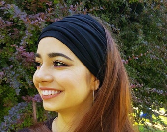 Kopf-Wraps für Frauen, Turban Schal, Jersey Stirnband, Jersey Schal, Schals und Wraps, schwarz Turban, lange schwarze Scrunch Kopftuch, Baumwolle