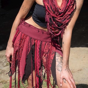 Festival fit Red skirt and scarf set Tribal festival costume set, Pixie skirt Scarf top alternative Burning Man Outfit Red fringe skirt