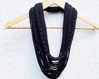 Black Infinity Scarf Necklace Textile Fabric Statement Necklace Long Multistrands Necklace Loop Necklace Womans Multistrand Braided necklace