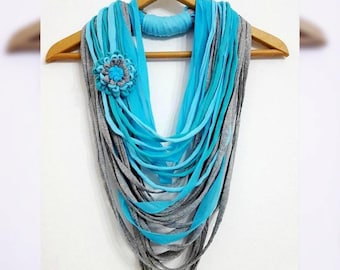 Turquoise Gray Scarf Necklace Aqua colors Scarf Azure Summer Infinity Scarves Bohemian Necklace Romantic Beach Summer Jewelry FUN TO WEAR!