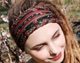 Schwarz Burgund Olive Herbst Stirnband Kopf wickeln Yoga Turban Stil Tribal Stirnband Dreadband Multistrand geflochten Kopf Schal Chemo Haarband