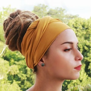 Yellow Mustard Head Scarf Turban Stretchy Cotton Headband Jersey Scarf Wide Scrunch headwrap Summer Yoga Headband Head Scarf New image 1