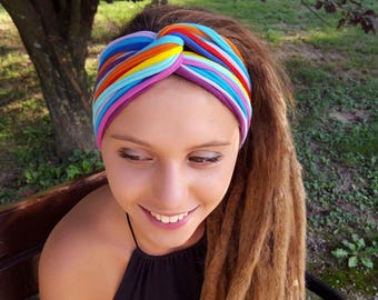 Regenbogen Stirnband Turban Style Regenbogen Extra breites Hedband Kopfschals Multistrand Baumwolle Regenbogen Accessoires Buntes Lebendiges Stirnband