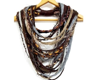 Ethnic Brown Woodland Scarf Necklace Autumn Infinity Scarf Abstract Festival Tribal Boho Hippie Necklace Fun Necklace Art Jewelry